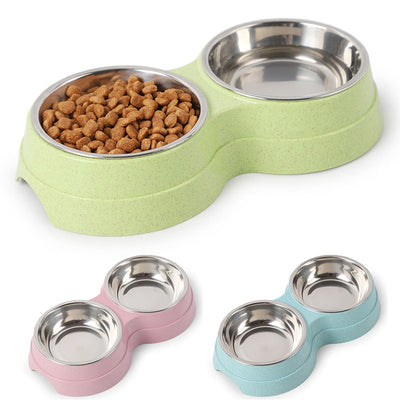 Double Pet Bowls Dog Food Water Feeder Stainless Steel